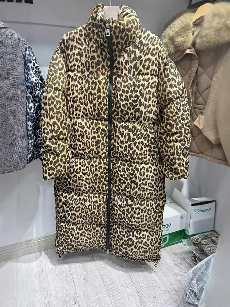 Leopard Print Loose Cotton Padded Jacket Women Casual Stand Collar Long Parkas Coat 2024 Winter Warm Y2K Top Streetwear