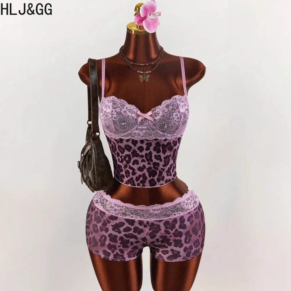 

HLJ&GG Sexy INS Leopard Print Lace Tank Top Two Piece Sets Women V Neck Spaghetti Strap Slim Vest And Shorts Outfits Streetwear
