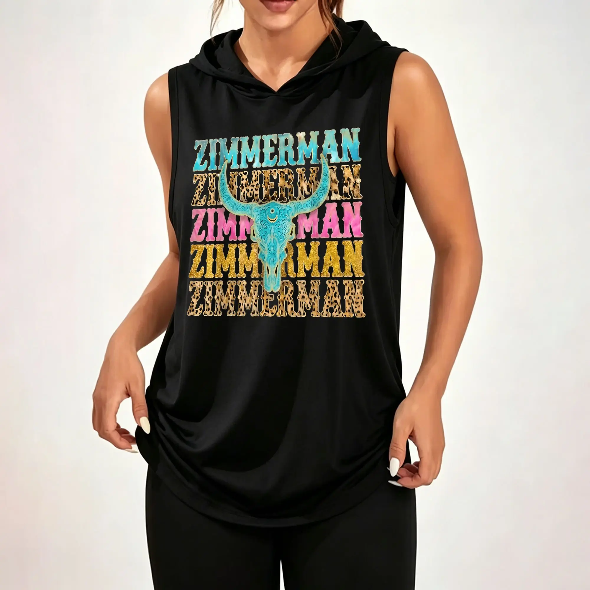 Women's Sleeveless Hoodie, Western Zimmerman Multi‑Color Leopard Print Bull Skull Graphic Casual Hooded Tank Top