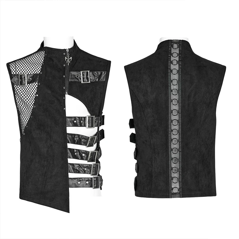 Punk Rave Asymmetric Vest Sleeveless Stand Collar Zipper Waistcoat Hollow Buckle Strap Mesh Gothic Darkwear Mens Costume WY1462