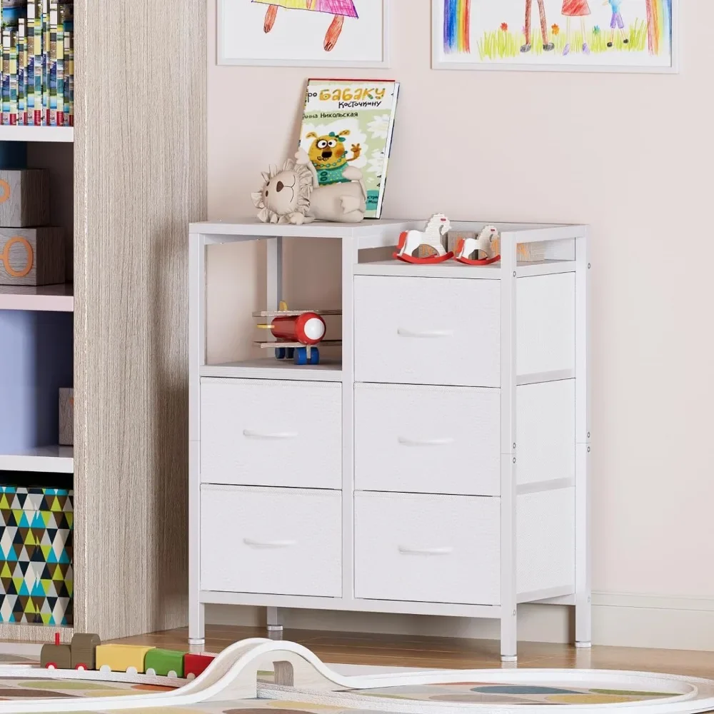 Dresser for Bedroom, Small Nightstand with 2-Tier Open Shelf and 5 Fabric Drawers, Storage Unit Organizer Tower