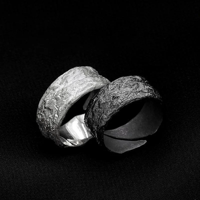 Vintage Fault Stone Vein Ring Dla Mężczyzn Biżuteria Osobowość Czarno-biała Tekstura Męski Pierścionek na Palec Wskazujący 925 Srebrne Akcesoria