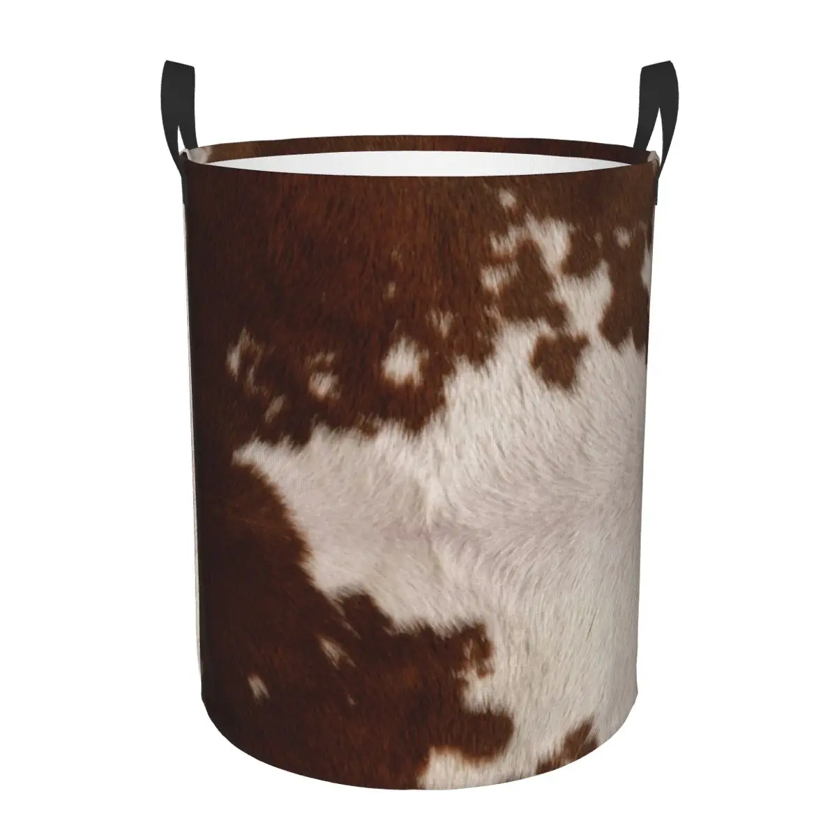 Custom Brown Cowhide Leather Laundry Basket Animal Skin Fur Leather Texture Clothing Hamper Toys Organizer Storage Bins