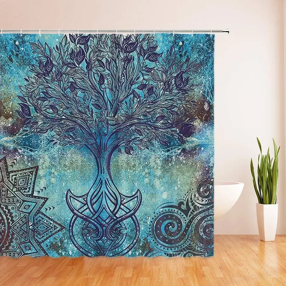 Tree of Life Shower Curtain Grunge Style Tree Pattern with Ethnic Mandala Shapes Blurry Art Fabric Bathroom Set Turquoise Brown