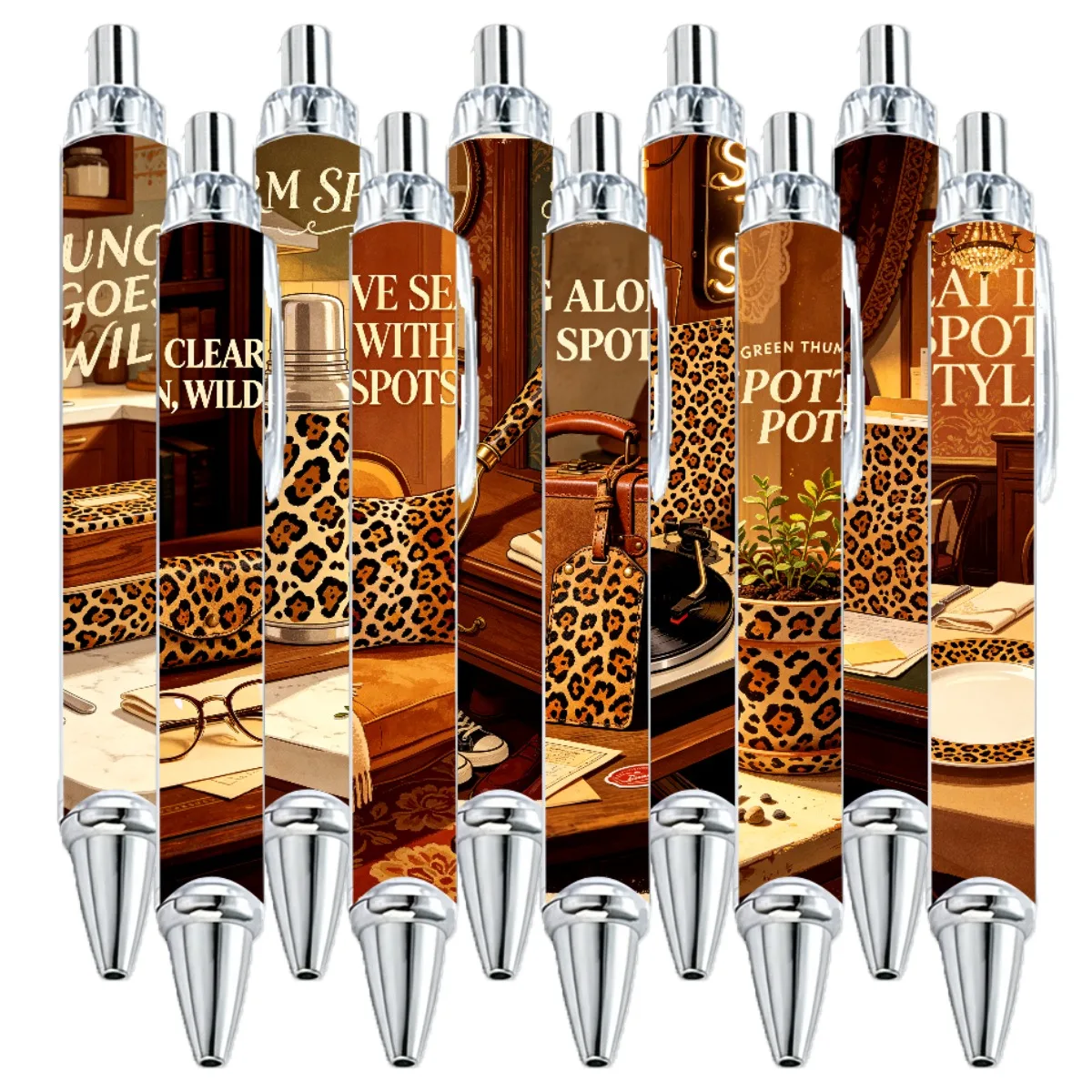 10PCS Leopard Print Pens Black Ink Trendy Gift Pens