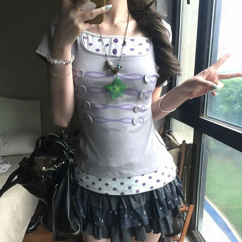 Vintage Y2k Cuteore T shirt Women Clothes Gothic Slim Punk Sexy Streetwear Graphic Polka dot T shirts Femme Aesthetic Crop Top
