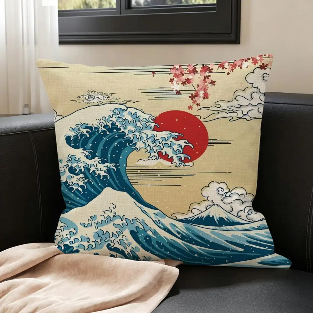Pattern Japanese Waves Cushion Cover Natural Linen Pillowcase Set, All-in-One Decor for Sofa, Bedroom & Chair