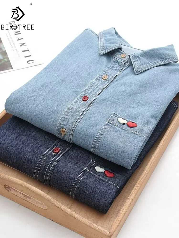 New Spring Denim Loose Casual Shirt Women Lapel Long Sleeve Embroidery Heart Top Girl Sweet Blouses 2024 Autumn T44338QM