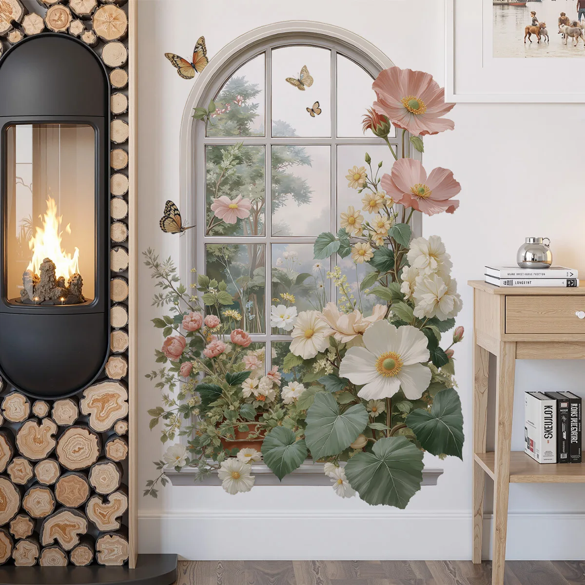 3D Sticker Realistic Window Plant Flower Wall Removable Self-Adhesive Wall Sticker Butterfly Large Bouquet Fake Window WallDecal