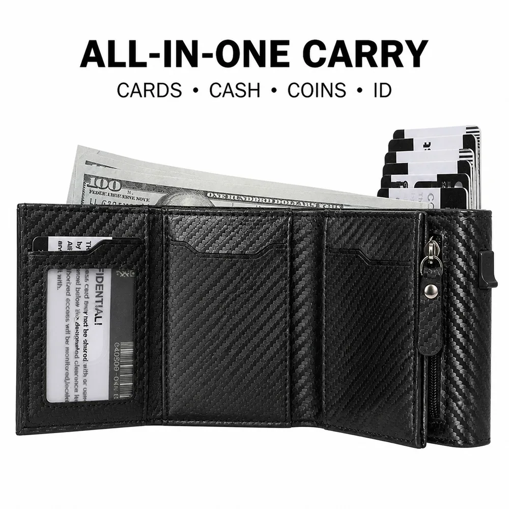 Men's RFID Wallet Carbon Fiber Pattern PU Tri-Fold Card Case Quick Access Pop-Up Holder Zip Coin Pocket for Daily Carry