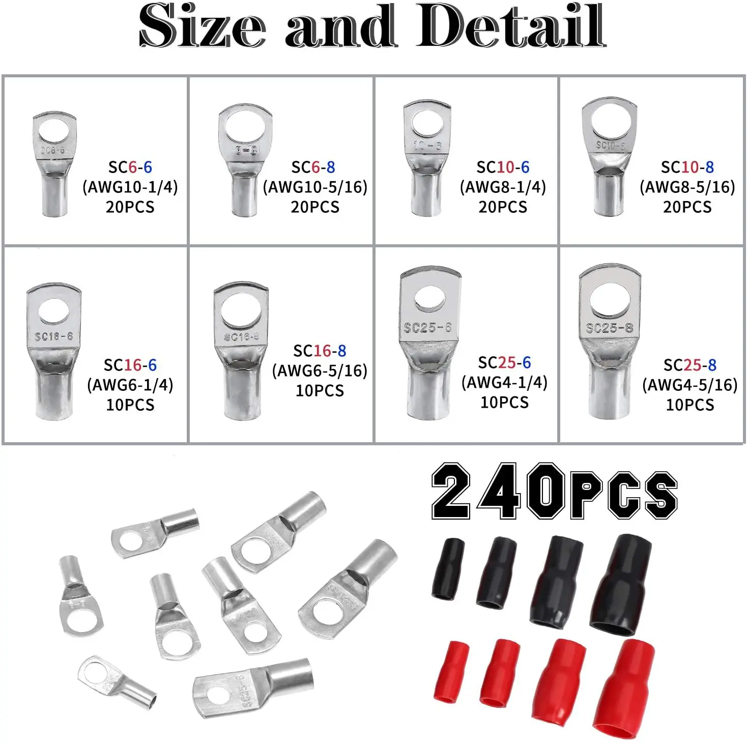 Electrapick 140PCS Cable Lugs Ring With Shrink Tube Bolt Hole Tinned Copper SC Terminals Set-Wire Battery Terminals Connector