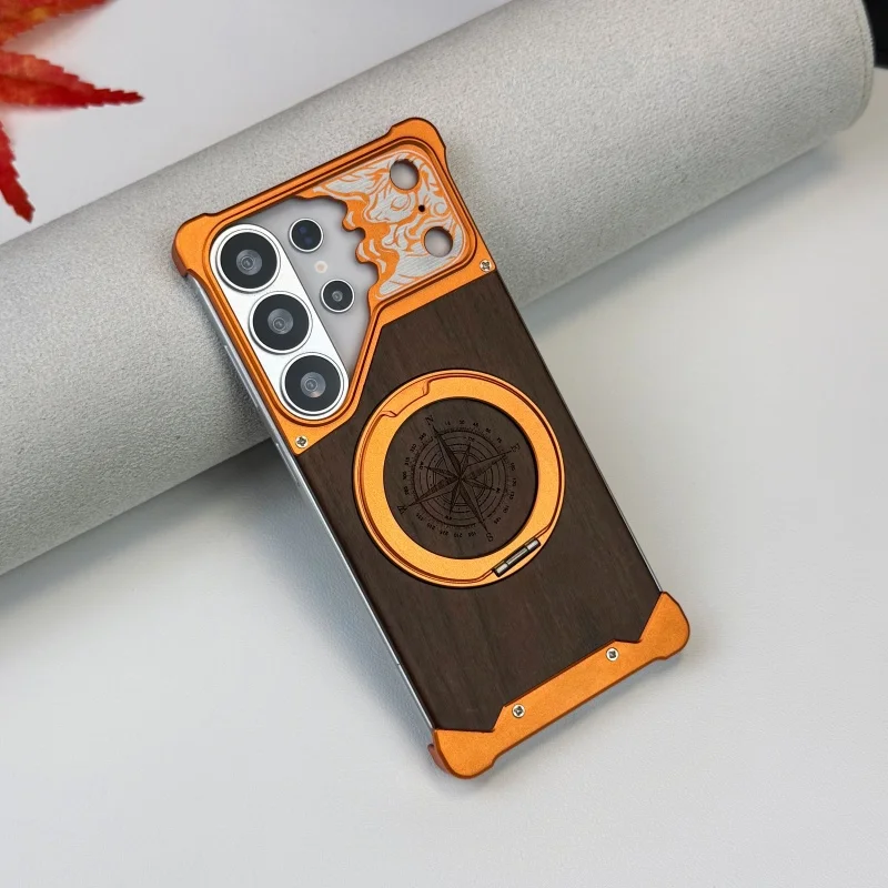 

For Samsung Galaxy S26 S25 S24 S23 S22 Ultra Frameless Metal Case Walnut Horse Face Rotatable Stand Anti-Shock Protection Cover