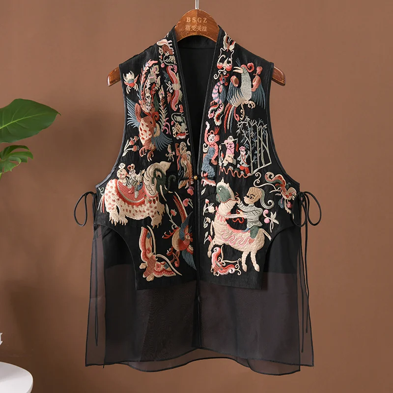Women Embroidery Waistcoats Chinese Style Vest Jacket Spring Summer Sleeveless Black Coat Hanfu Clothes