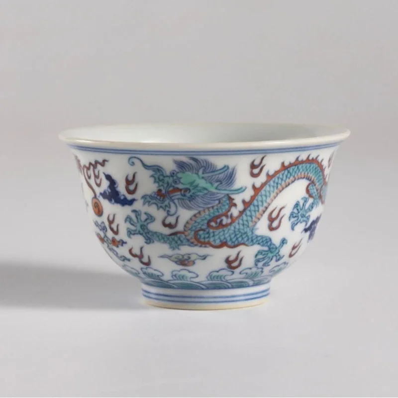 Jingdezhen ceramic tea set painted apricot flower blue and white fighting color double dragon play bead tasting cup porcelain