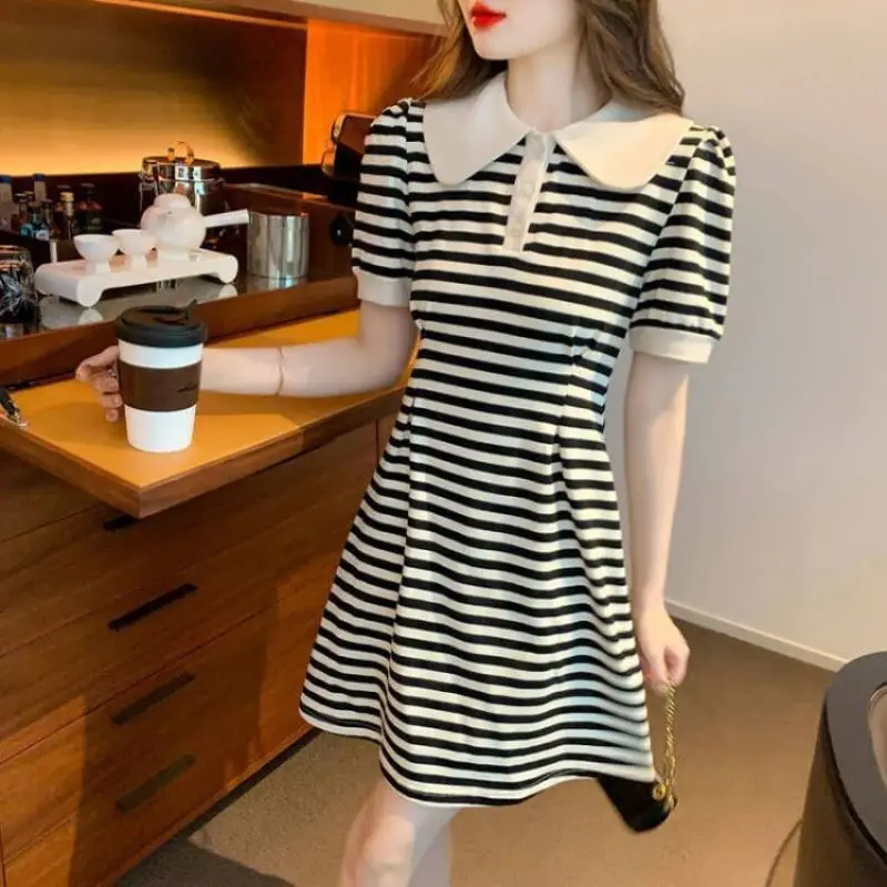 

Women's Preppy Style Sweet Peter Pan Collar Mini Dress 2024 Korean New Lady Student Stripe Short Sleeve T Shirts Dresses