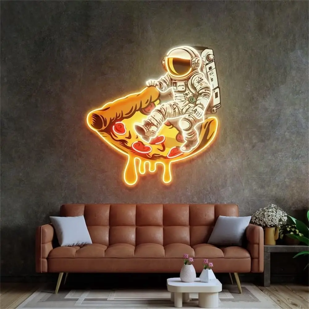 Astronaut on PizzaNeon Signs LED Neon Light Sign Light Up Neon Signs for Pizza Restaurant Food Truck  Living Room, Party 24in