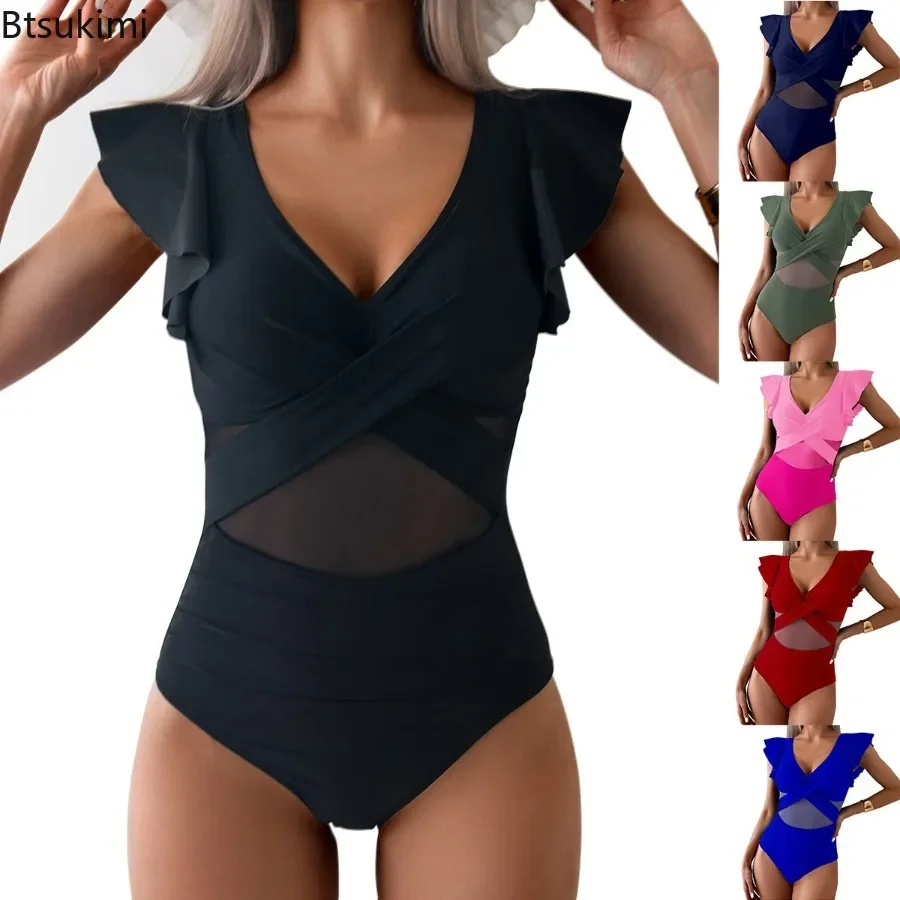 

New2025 Women's Summer Slim Fit Swimwear with Ruffle Sleeve Sexy Hollow Out Bikini Set Solid High Waist Push Up Swimsuit Bikinis