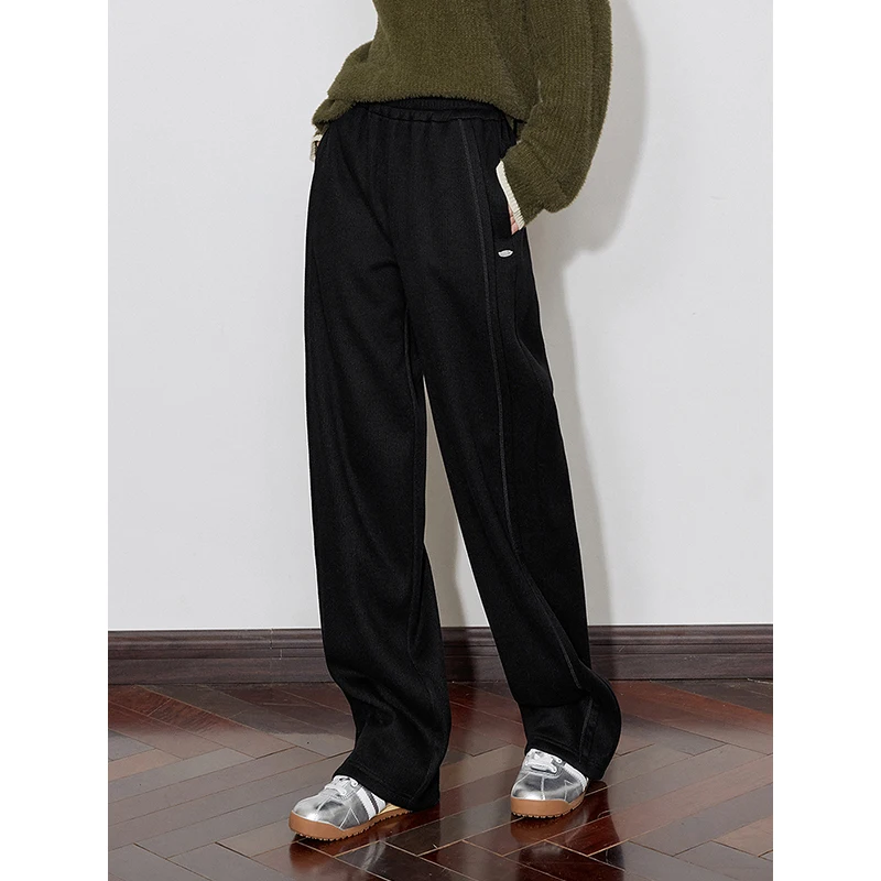 Toyouth Women Plush Sweatpant 2024 Winter Drawstring Waist Straight Wide-leg Trousers Casual Apricot Black Thicken Pants