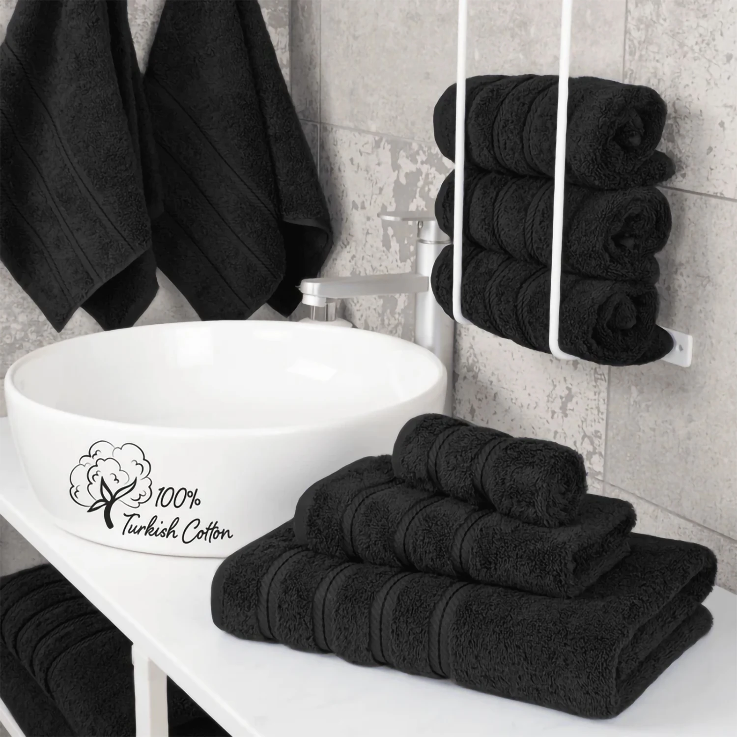 Cleopatra Premium 3 Piece Towel Set 1 Bath Towel 1 Hand Towel 1 Washcloth 100% Cotton Turkish Towel for Bathroom Black Towel Set