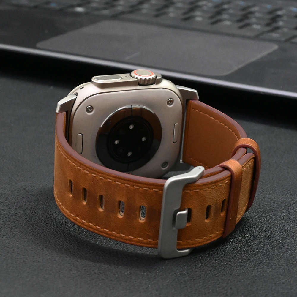 Luxury Genuine Leather Band For Apple Watch Ultra 49mm Mens Strap For iWatch Series 9 8 7 45mm 41mm 6 5 4 se 44mm 42mm Bracelet image 2
