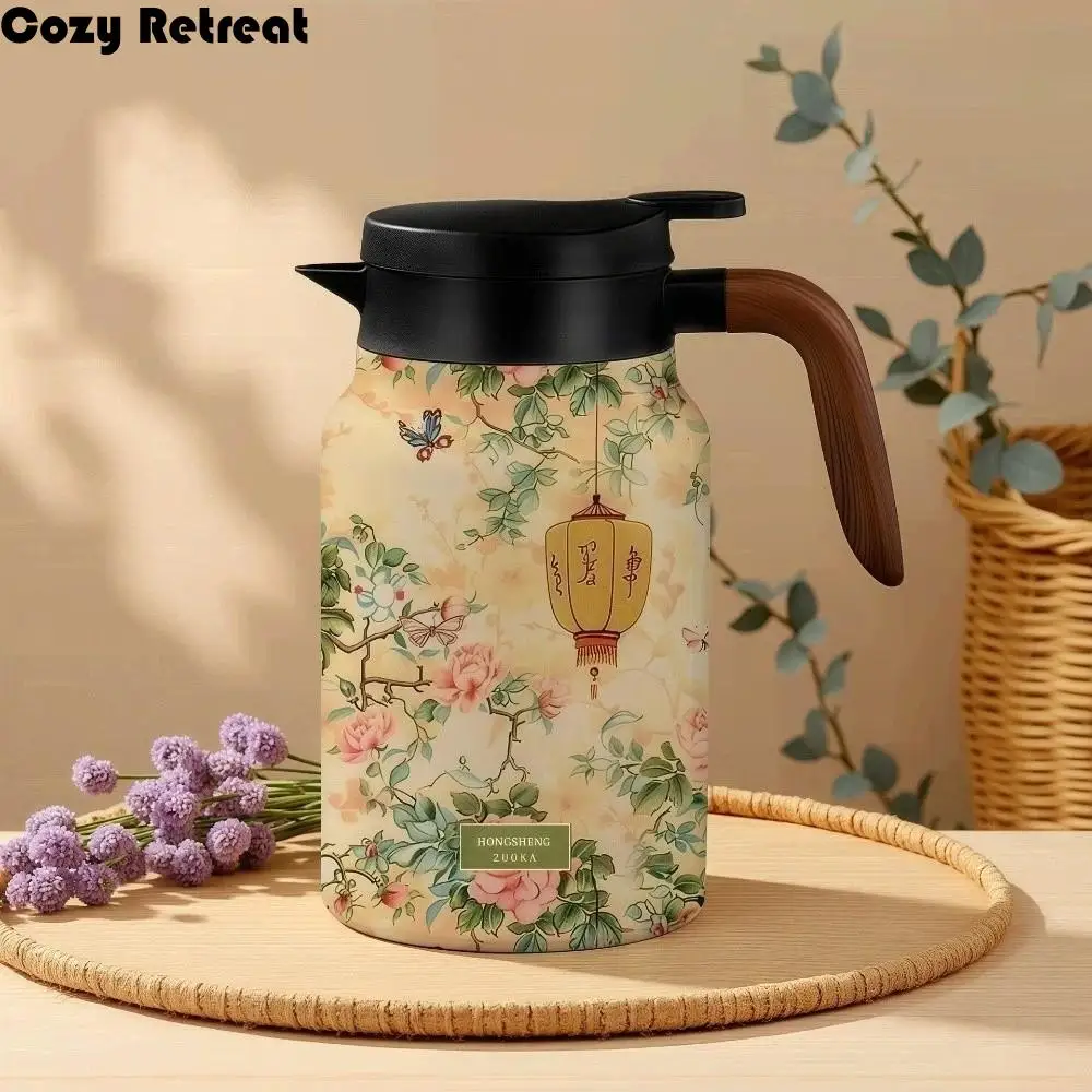 

Retro Flower Insulated Kettle Floral Printing Stainless Steel Thermos Bottle Hot Water Large Capacity Thermal Bottle