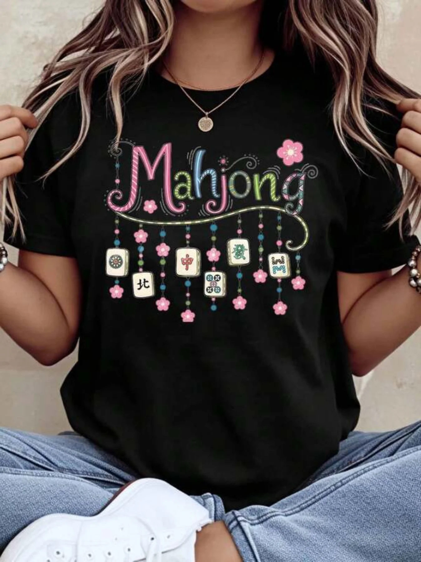 Mahjong Theme T-Shirt with Colorful Mahjong Tiles And Floral Design for Casual Wear Women'S Casual Trendy Printed T-Shirt