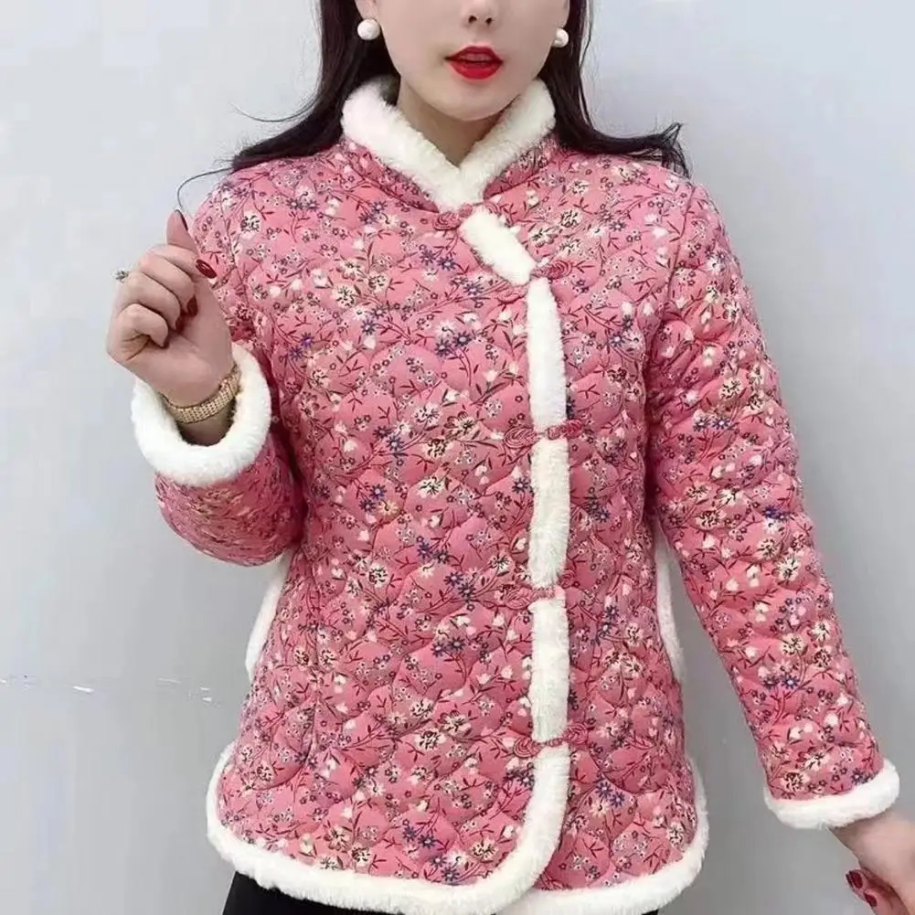 Chinese Women Winter Cotton Coat Flower Print Sleeveless  Padded Thick Plush Warm Single-breasted Lady Plus Size Coat