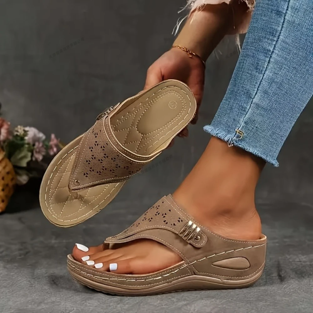 Super Hit Sandals for Women Women'S Wedge Toe-Thong Sandals Breathable Perforated Buckle Design Comfort Summer Footwear