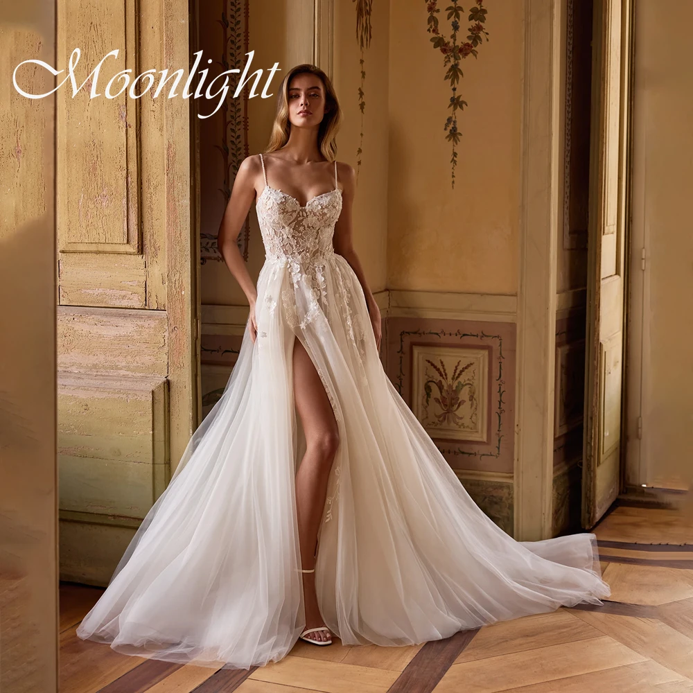 

Элегантное свадебное платье трапециевидной формы с кружевной аппликацией и плиссировкой без бретелек на тонких бретельках с высоким разрезом и открытой спиной Vestidos De Novia по индивидуальному заказу