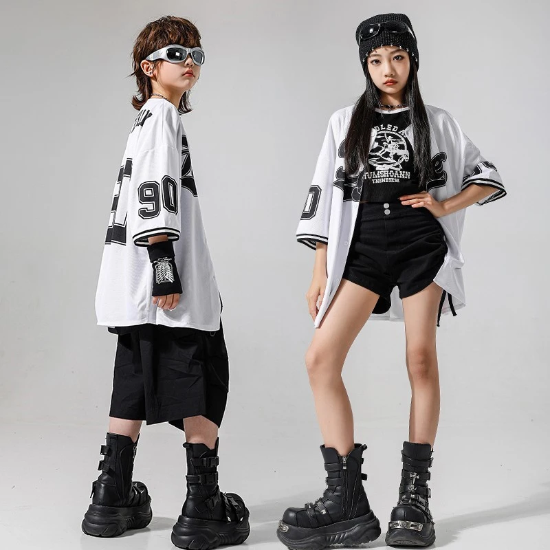 Traje de dança jazz kpop roupas cheerleading camisa de beisebol palco desempenho wear crianças legal hip hop roupas de rua vbh1629