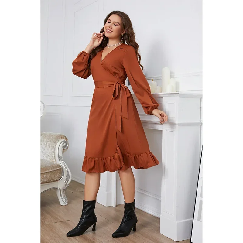 Damska sukienka midi Plus Size z długim rękawem Swing Midi Dress V Neck Wrap Belted A Line Ruffle Trim Tie Side Robe Solid color clothing