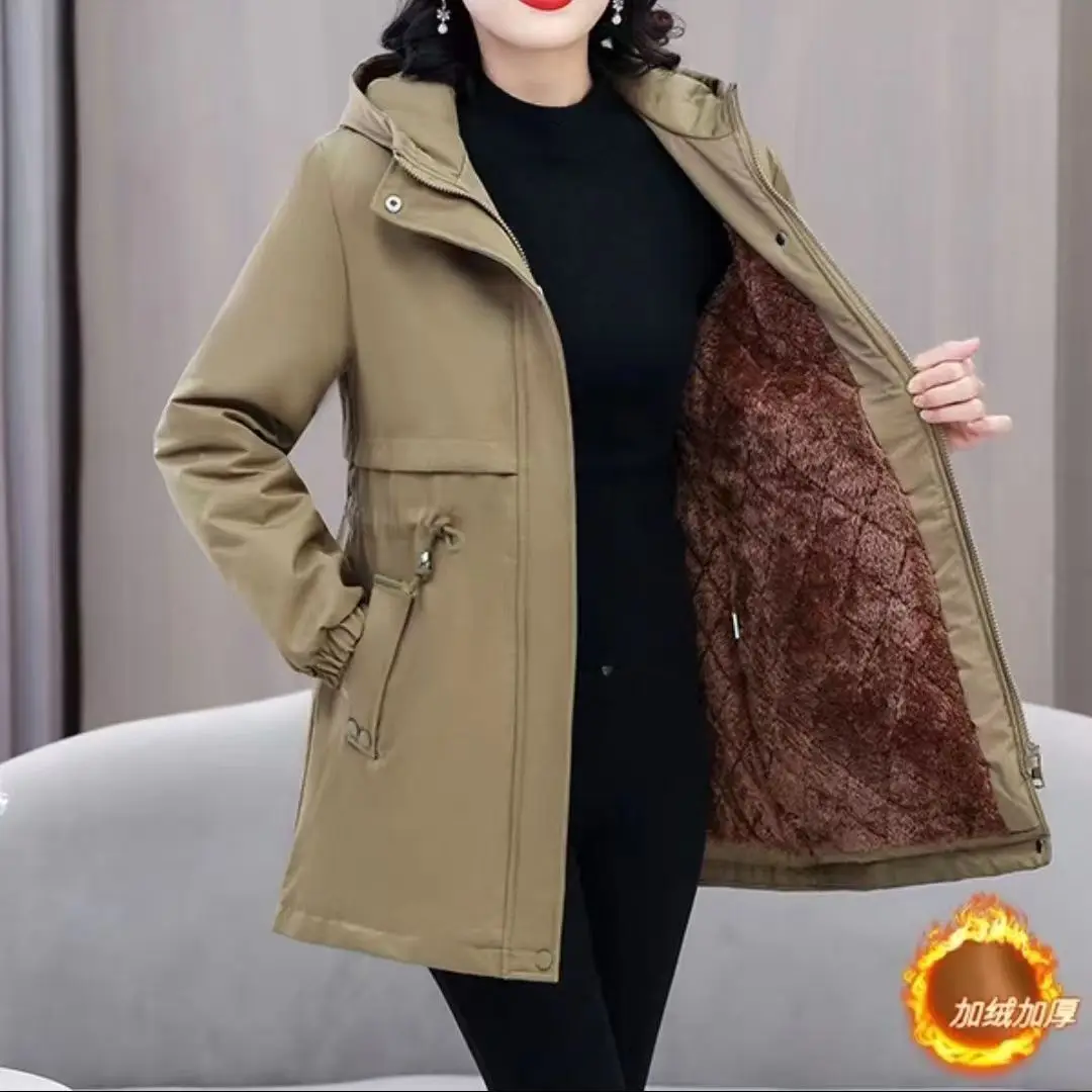 Large Size 2026 Fleece Thicken Mother Parkas Hooded Solid Warm Cotton Padded Jacket Fashion Women Add Velvet Windbreaker Coats
