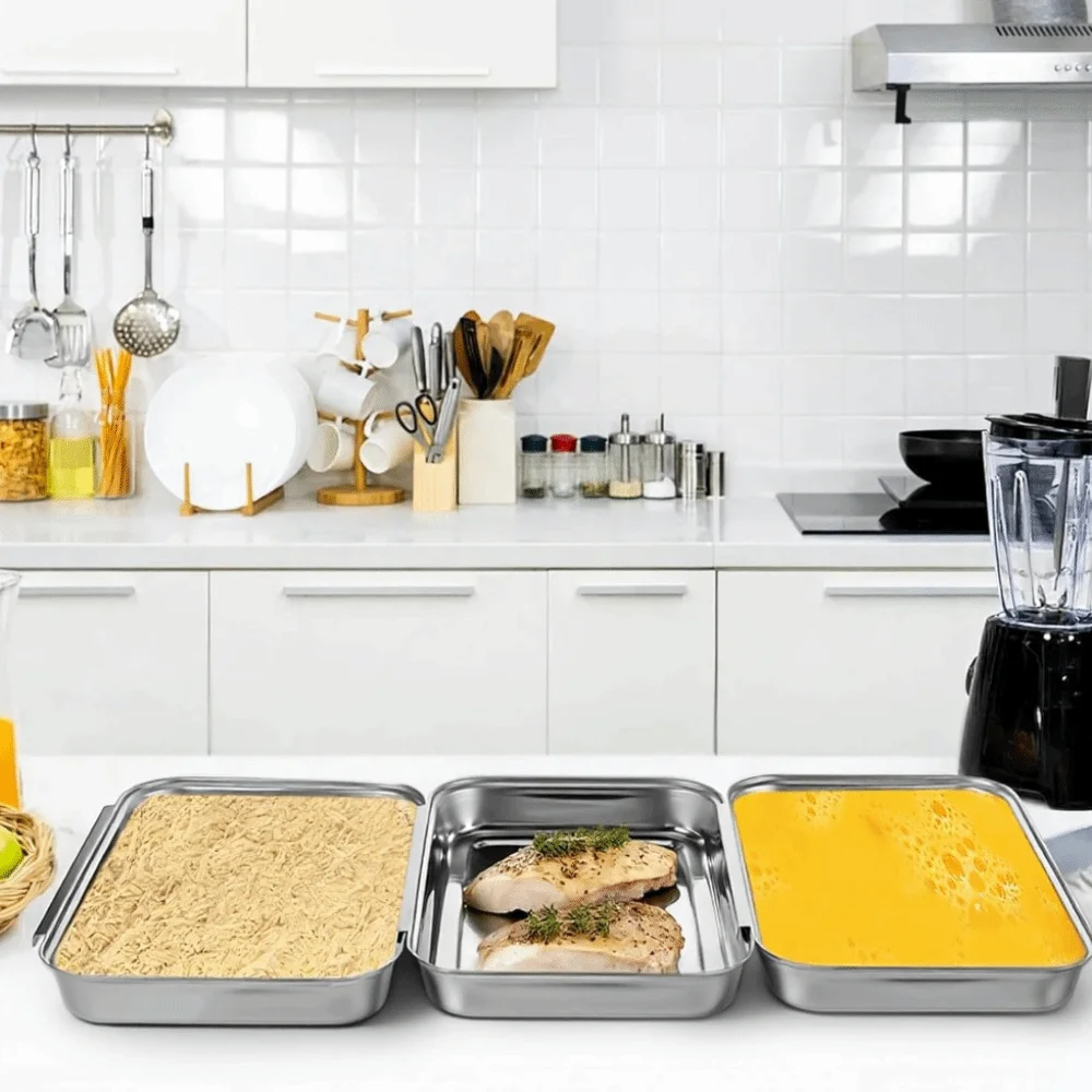 3PCS Interlocking Stainless Steel Breading Trays Set Rectangular Heat-resistant Marinating Meat Pans Stackable Rust-proof