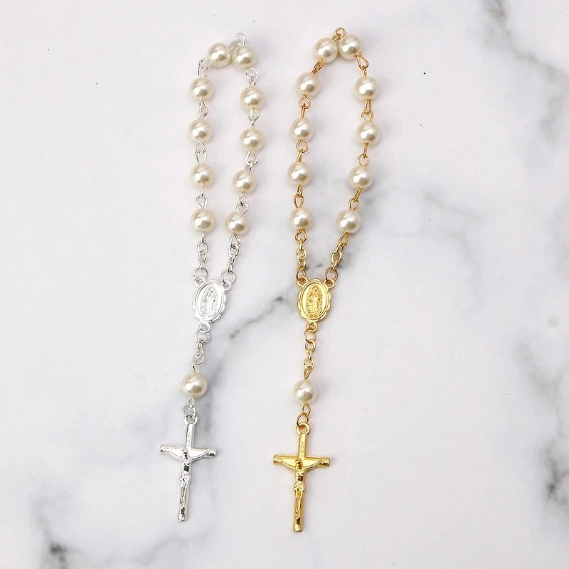 1Pcs Hot Sale Baby Glass Pearl Baptism Communion Gift Catholic Cross Finger Chain Mini Prayer Rosary