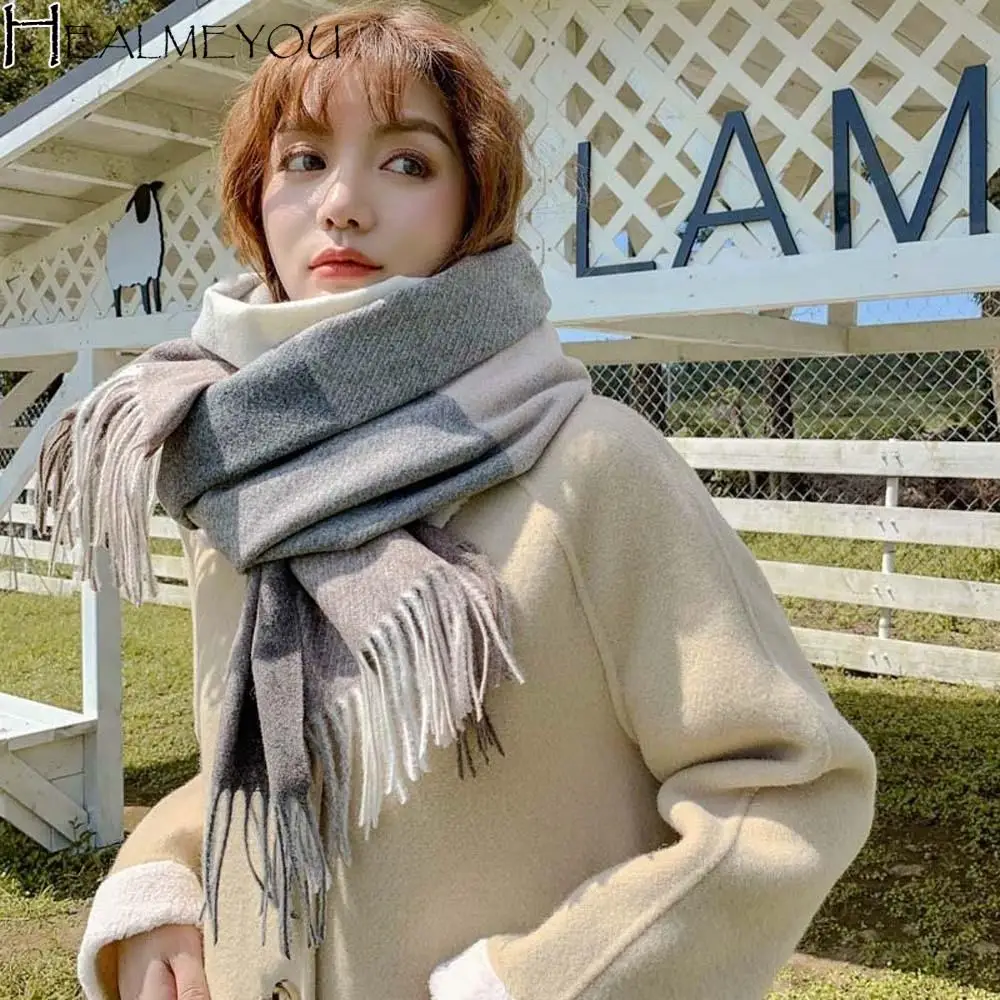 

Шаль, шерстяной классический клетчатый шарф, мягкий вязаный шерстяной шарф из полиэстера, корейский стиль, морозостойкий длинный шейный платок с кисточкой для мужчин