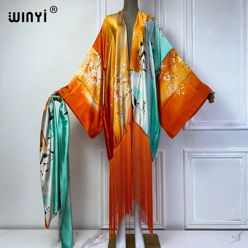 WINYI kimono boho summer dress beachwear summer bohemian print Bikini Cover-up Cardigan sexy Holiday long Sleeve tassels dress