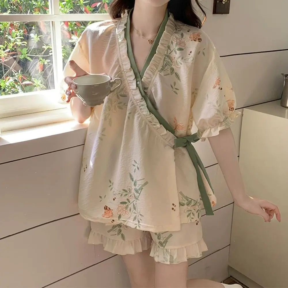 New Chinese Style Lace Up Pajama Suit Reffle Flower Shorts Sleeve Nightwear Women Homewear V-Neck Two Pieces Sleepwear Sets