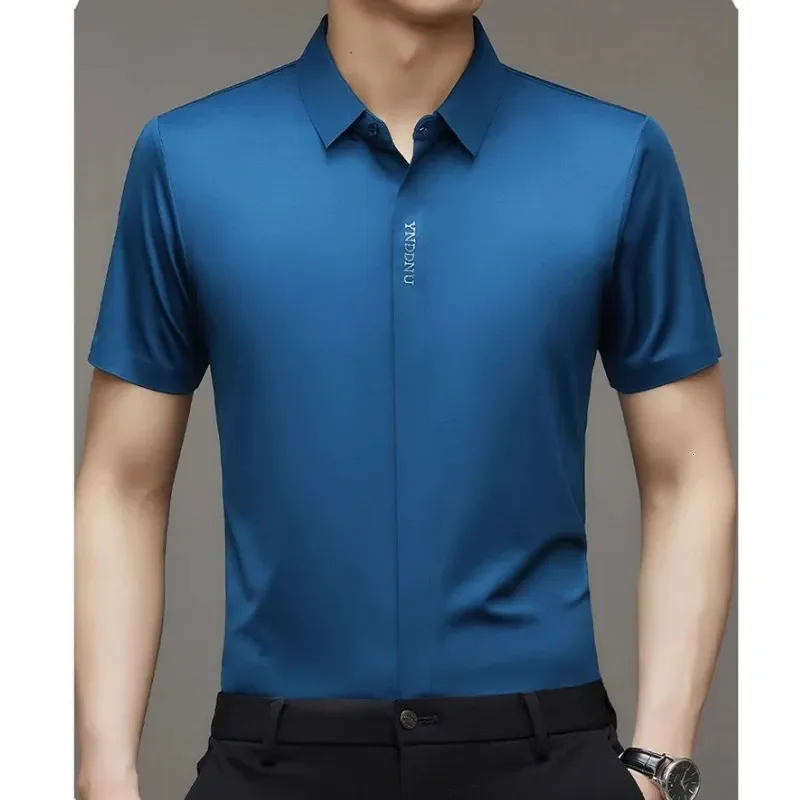 

High end Mulberry Silk Men Short Sleeve Business Shirt Wrinkle Resistant Button Invisible Top Elastic ious Men Shirts 260427