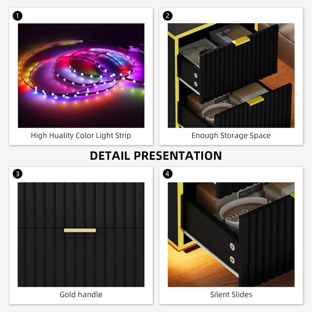 

Black and Gold Nightstand Set of 2, Modern Bedside Table with LED Lights, End Table for Bedroom Living Room, Customized