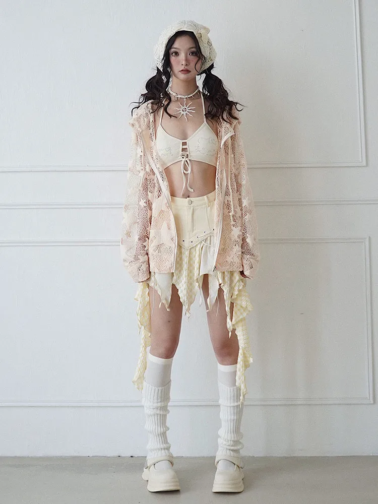 Personality Chic Beige Star Gauze Versatile Hollow Out Hooded Top Sexy Loose Fashion Age-reducing Long-sleeved Zipper Cardigan