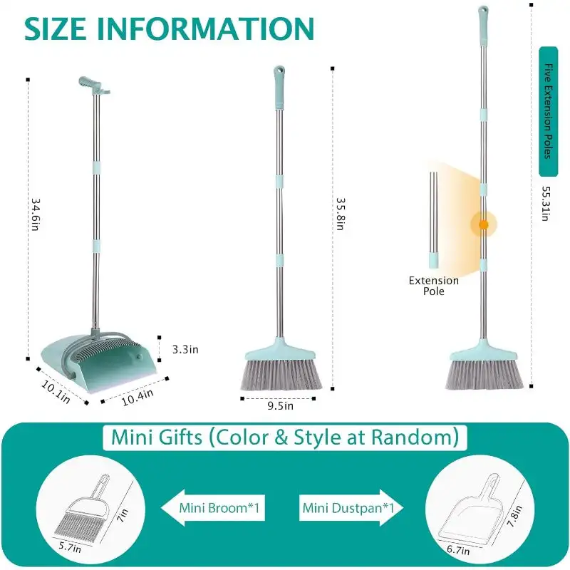 Broom and Dustpan Set for Home, Broom with Dustpan Cleaning Teeth Combo Set, Indoor Sweep Broom, 55” Long Handle Broom