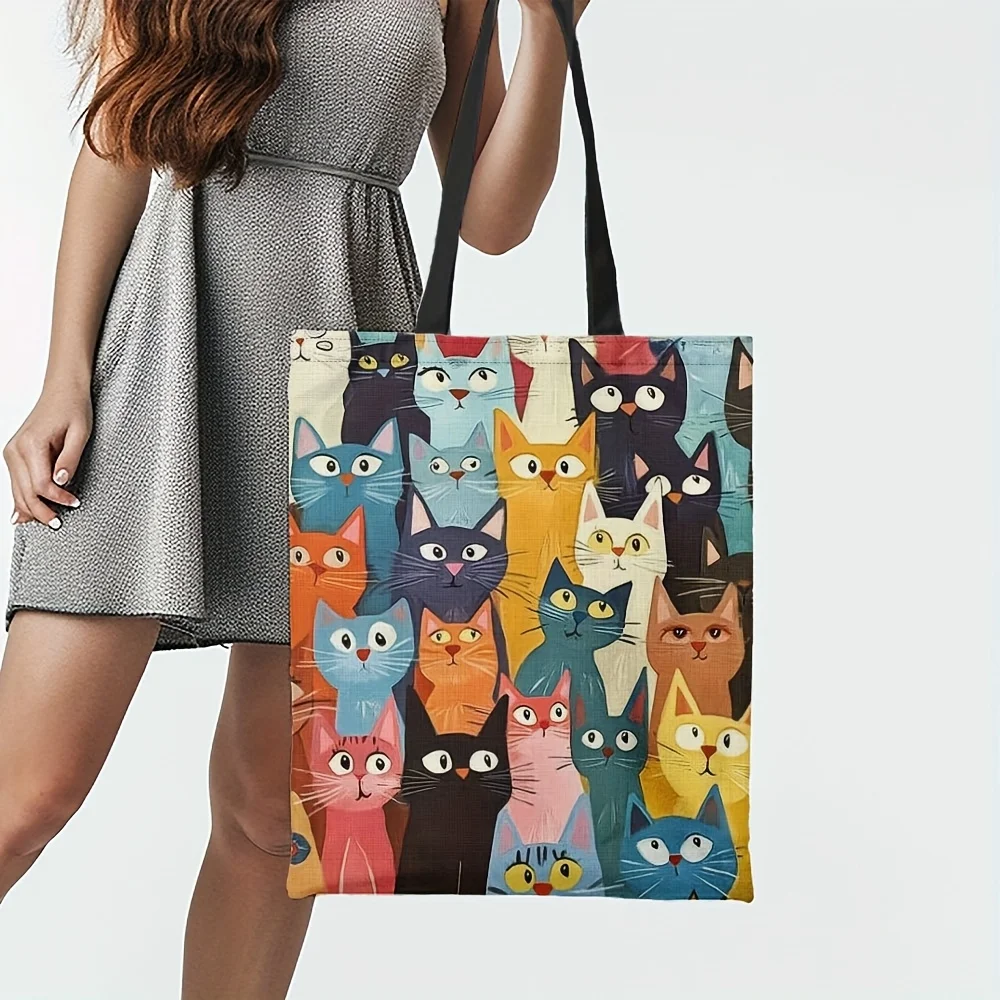 1pc Colorful Cat Pattern Tote Bag – Reusable, Stylish Shoulder Handbag for Men & Women, Fun Shopper with Cartoon Cat Faces,
