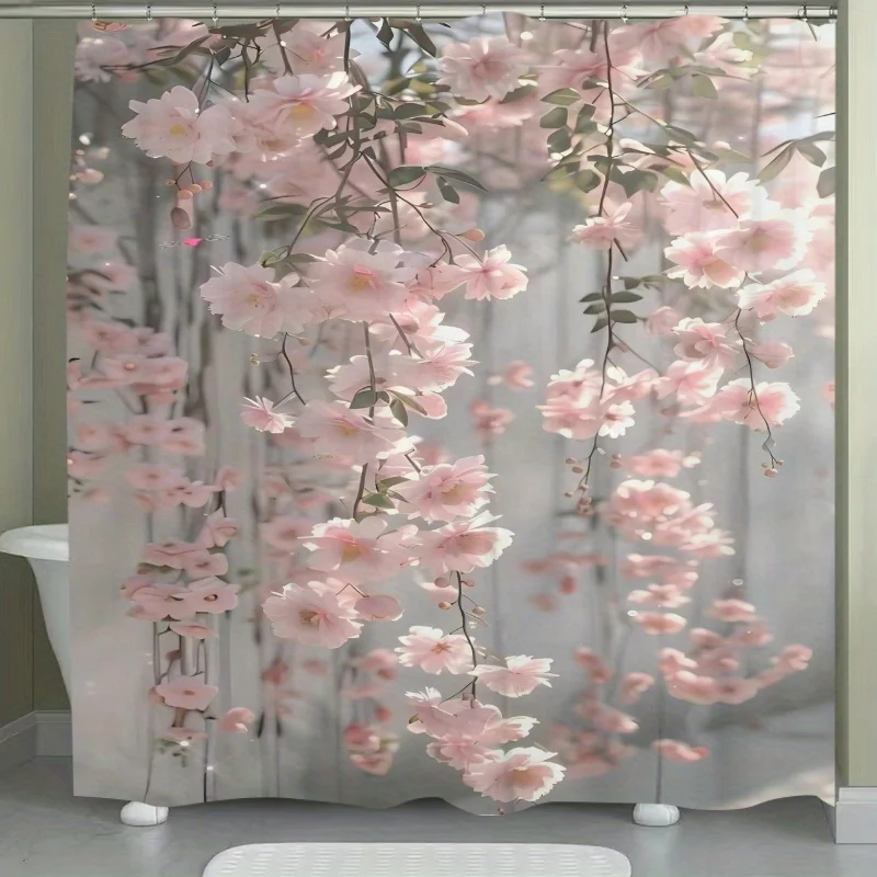 Romantic Floral Cherry Blossom Shower Curtain Waterproof Polyester Bathroom Decor Pink Peony Tree Curtain for Home Use