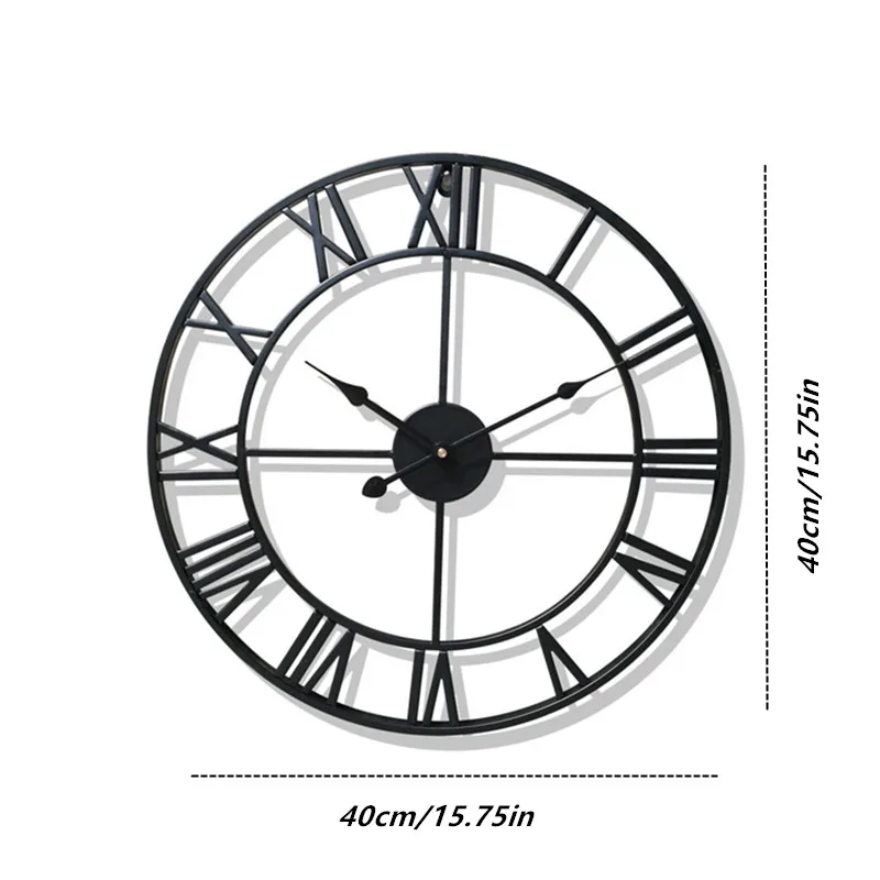 Modern 3D Large Wall Clock 40cm Roman Numerals Retro Silent round Metal Iron for Nordic Living Room Decor
