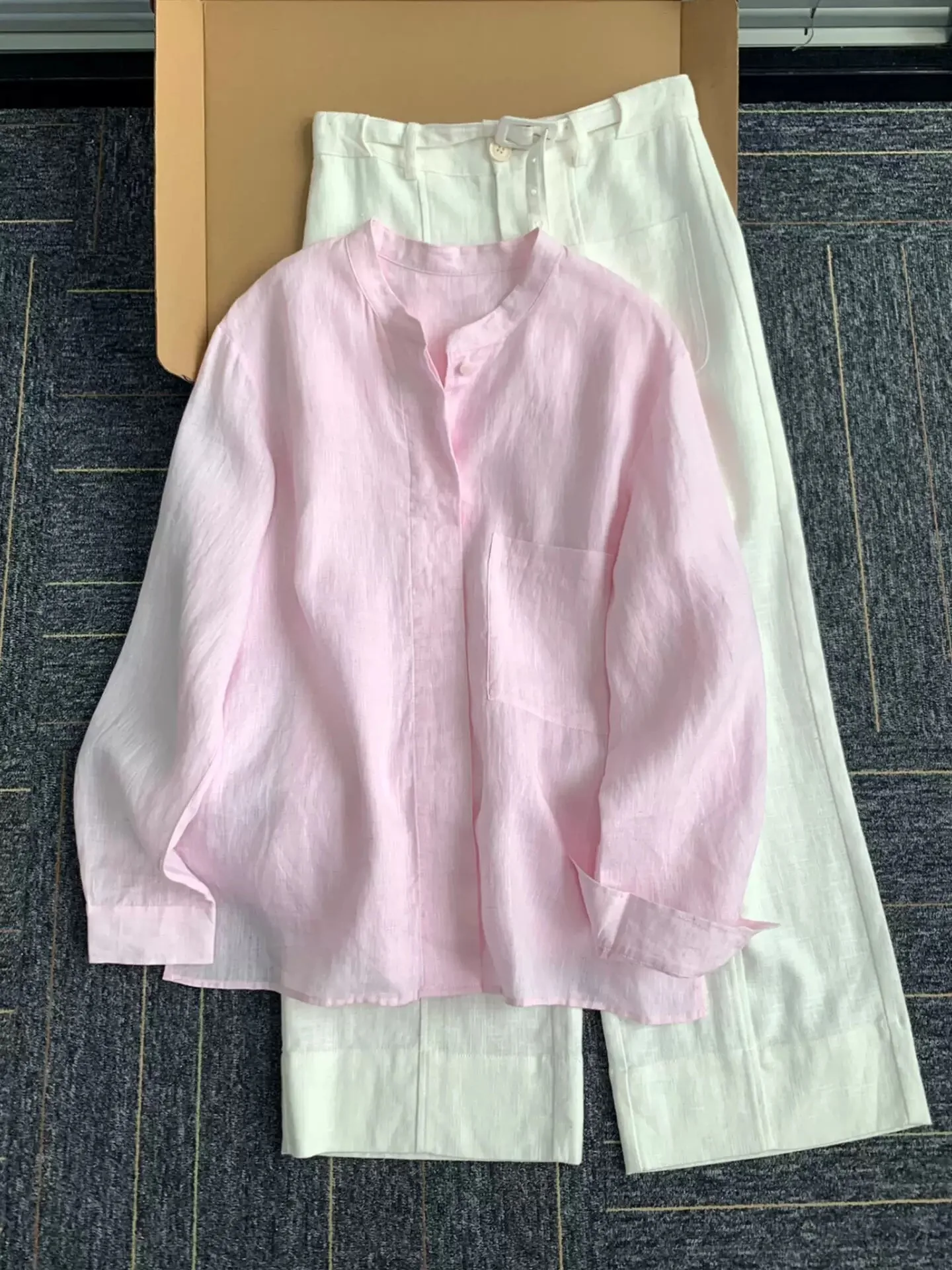 

Pink Linen Shirt Women's Summer Thin Sun Protection Open Cardigan Outerwear Classic Style Loose Fit Long Sleeve Collar