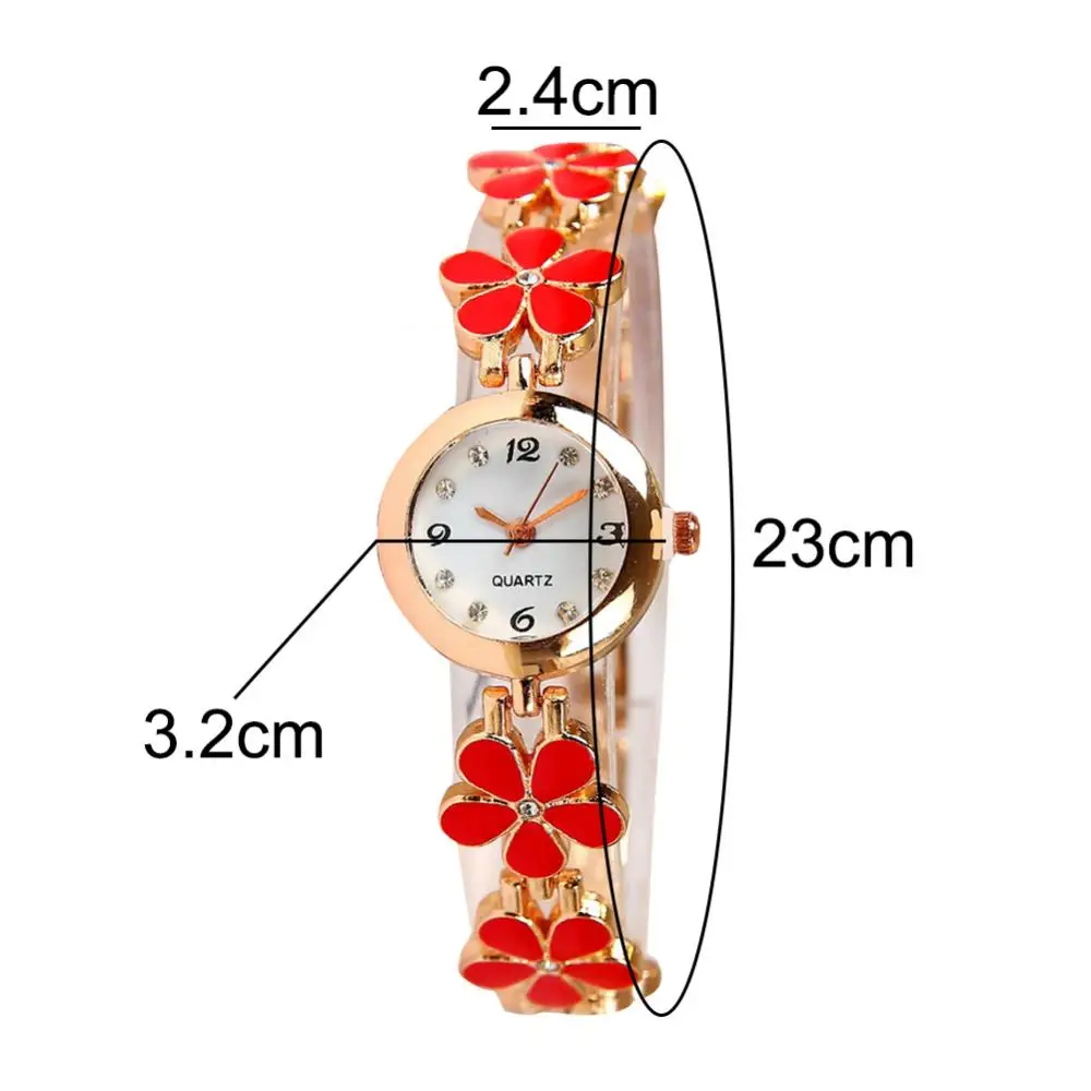 Arloji kuarsa Analog Dial bulat, gelang jam tangan rantai bunga, jam tangan gelang berlian imitasi untuk wanita