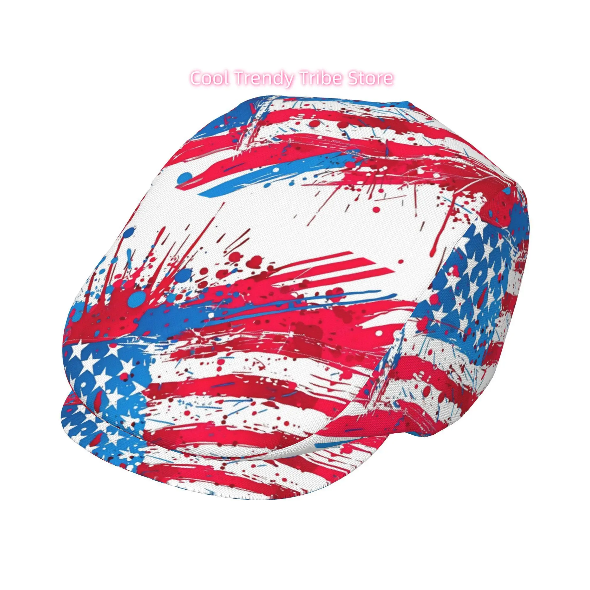 1pc of an All-Over Printed Beret Featuring an Abstract Splatter Design of The American Flag, a Vintage Newsboy Cap That Is Unise