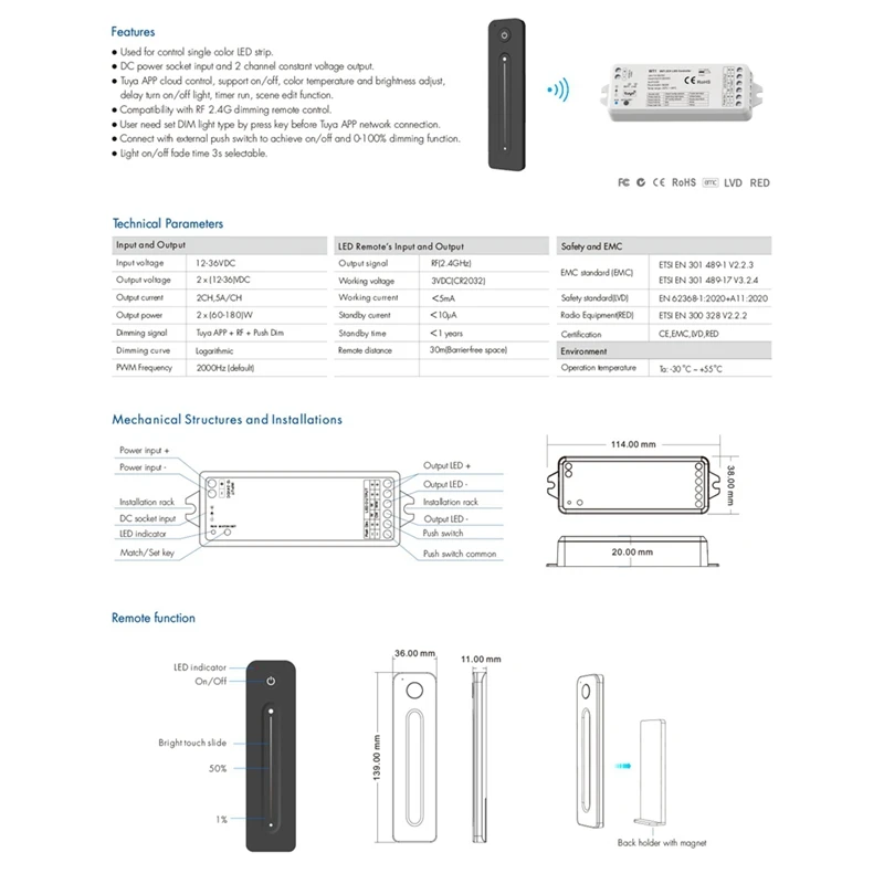 Tuya LED Dimmer 12-36V 2CH With 2.4G RF Wireless Remote Control LED Strip Controller For Single Color LED Strip