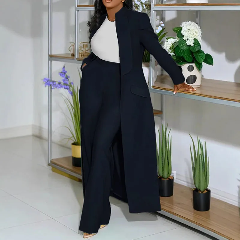 Vintage Elegant Formal Two Piece Set for Women Matching Sets Office Lady Business X-long Blazer Coat and Wide Leg Pant Suits