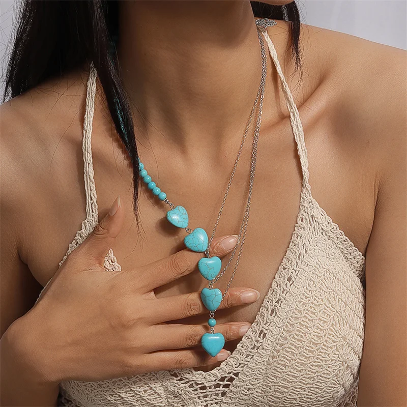 Aihua Böhmen Türkis Stein Herz Halskette für Frauen Halsband Collier Femme Ethnische Halsketten Statement Schmuck – Detail 4